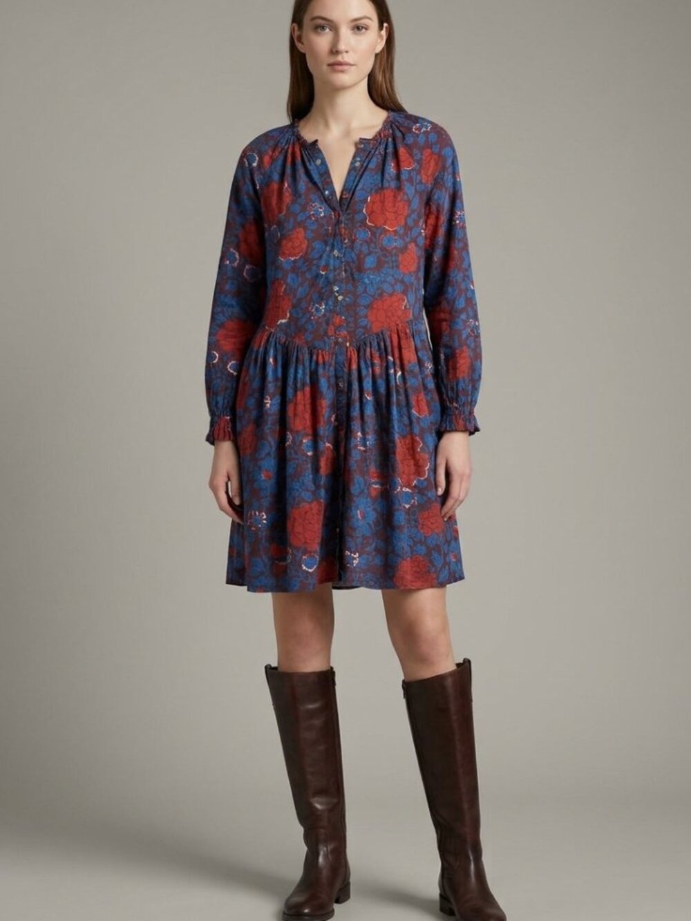 Lilla P Floral Tiered Long Sleeve Cotton Tunic Dress Size M